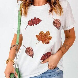 Maple Leaf  Fall Clothing Round Neck  Womens Short Sleeve T-Shirt